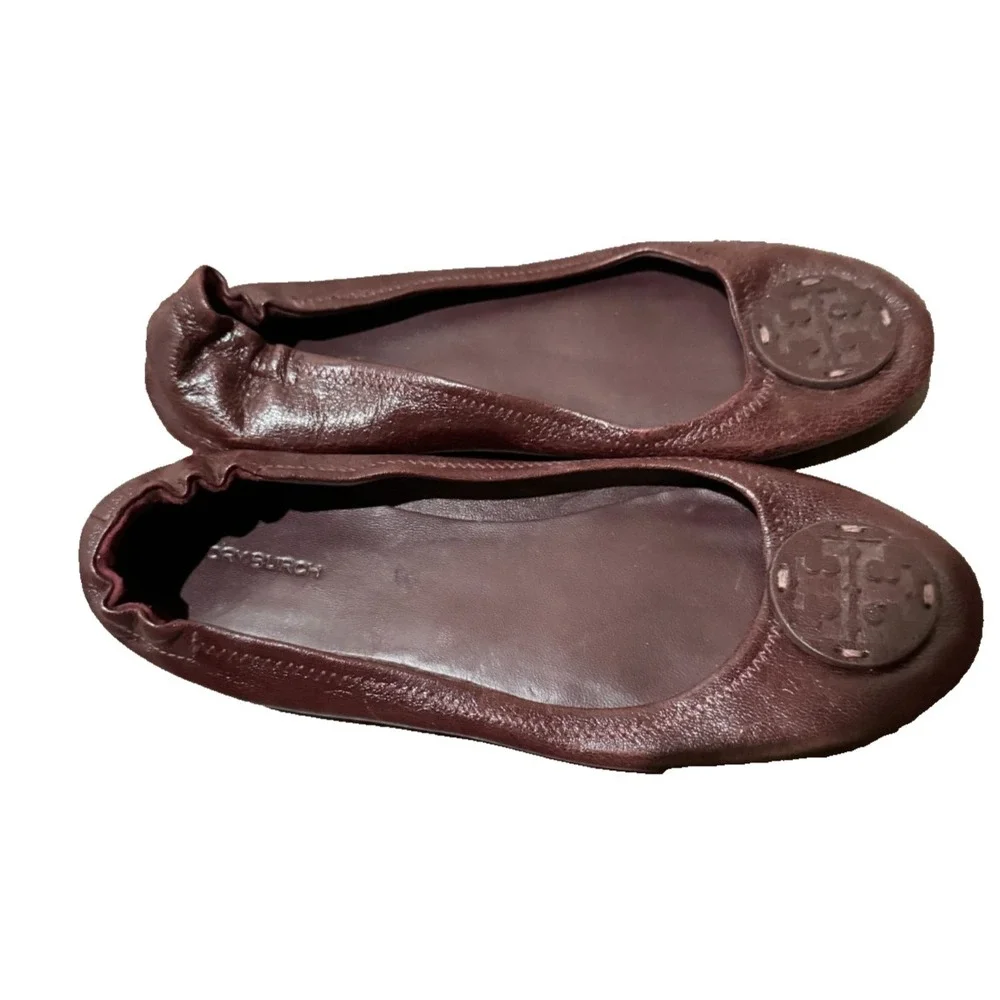 Tory Burch Minnie Travel Ballet Flats Plum- Dark Brown Leather Size 9 M